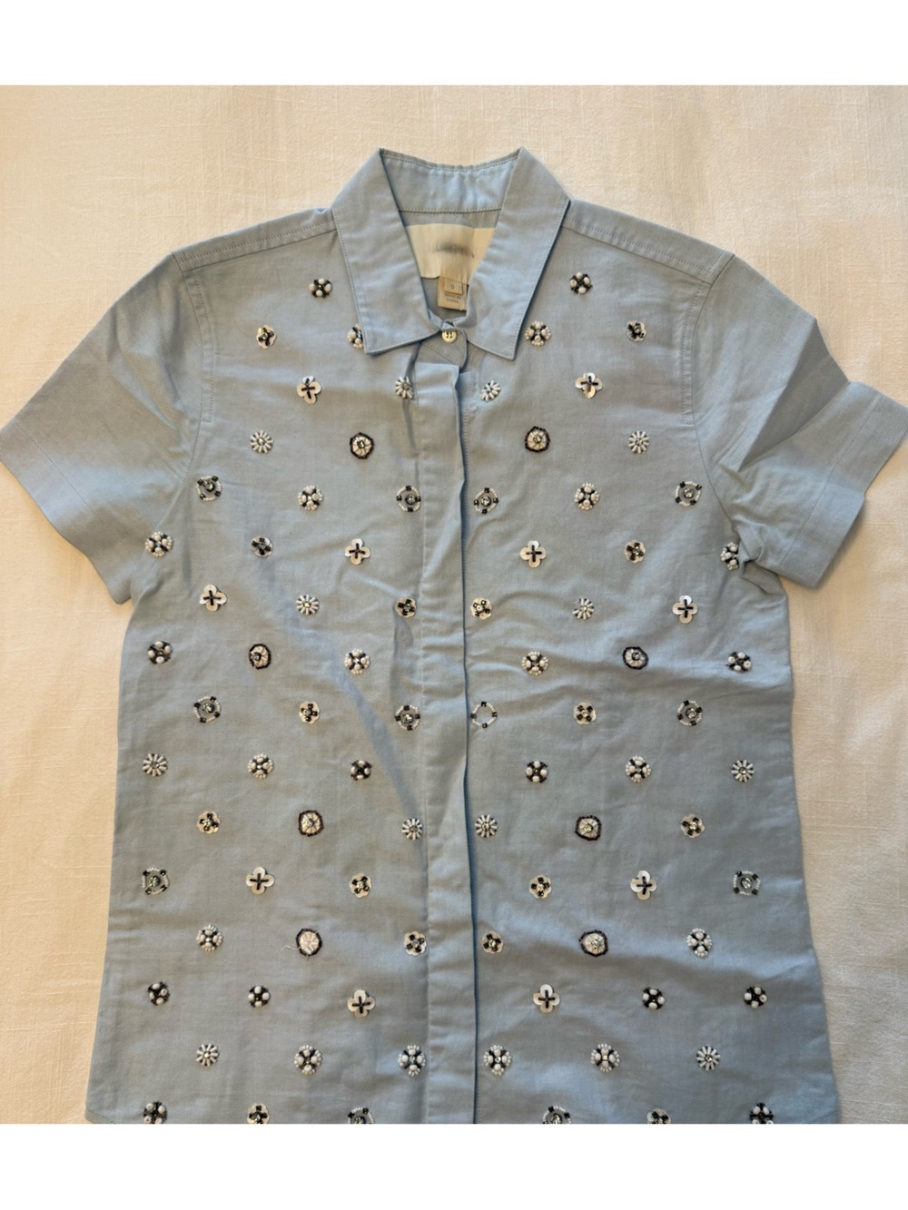 J. Crew Collection Light Blue Short-Sleeve Embellished Button-Down Shirt